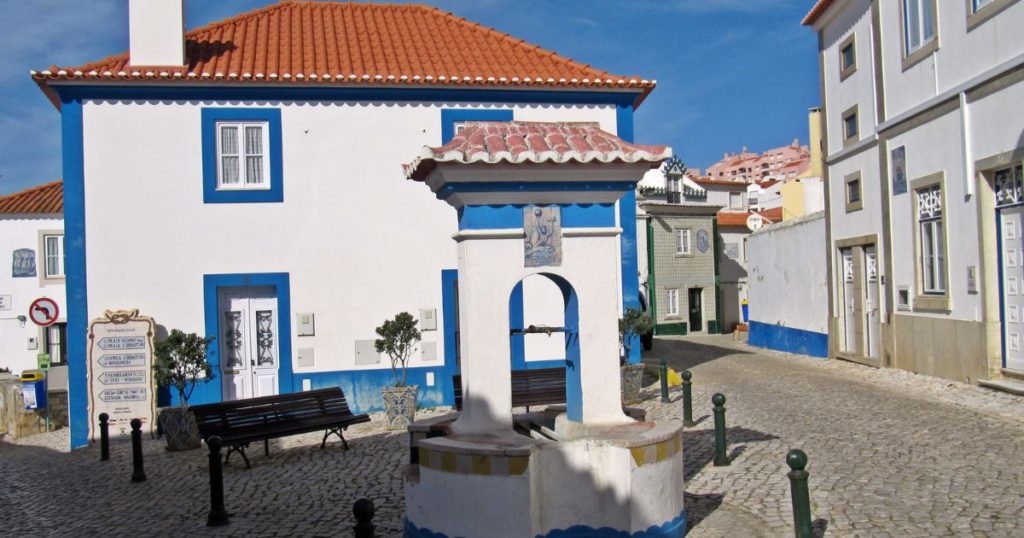 Blue and white buildings of Ericeira, Portugal 